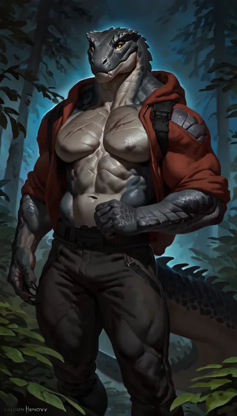 Muscular monster lizardfolk, solo, pants, mercenary, gray body, yellow eyes, strong, wearing armless dark hoodie, scars on body, 1male solo, anthro, muscular, wide back, small waist, thick tail, thick scales on the shoulders, lizard head, pecs, big pecs, p...