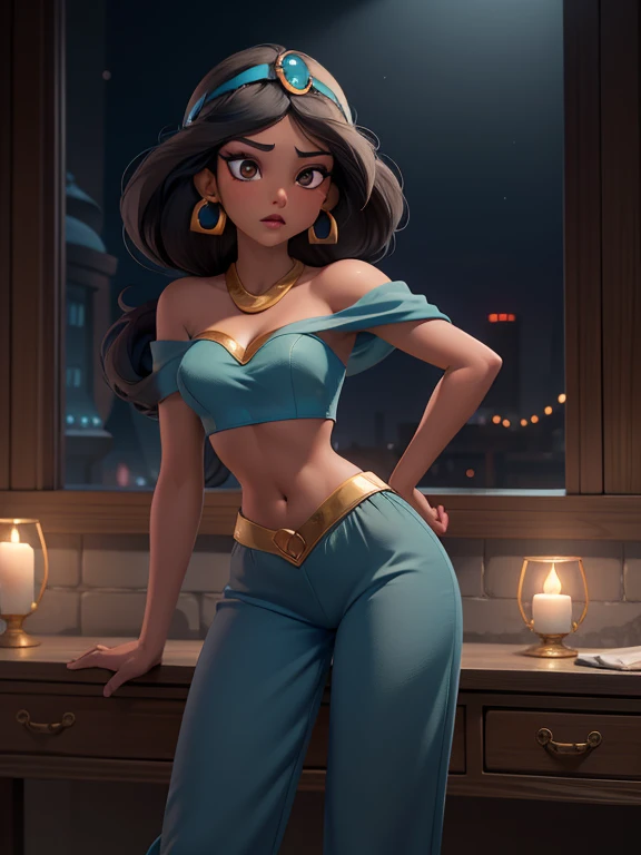 (masterpiece, best quality:1.2), 1girl, Princess Jasmine (Aladdin), long black hair, brown eyes, dark skin, jewelry, earrings, eyeshadow, makeup, blue bedlah crop top, blue salwar pants, exposed shoulders,
