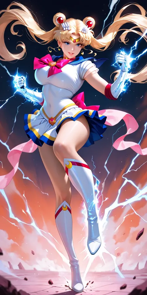 Masterpiece, newest, vibrant, very aesthetic, high contrast, mature woman, sailor moon\(sailor moon\), tall , big breast, white sailor senshi uniform (white uniform shirt, white uniform gauntlets, pink ribbon on hips, white uniform skirt, white uniform hig...