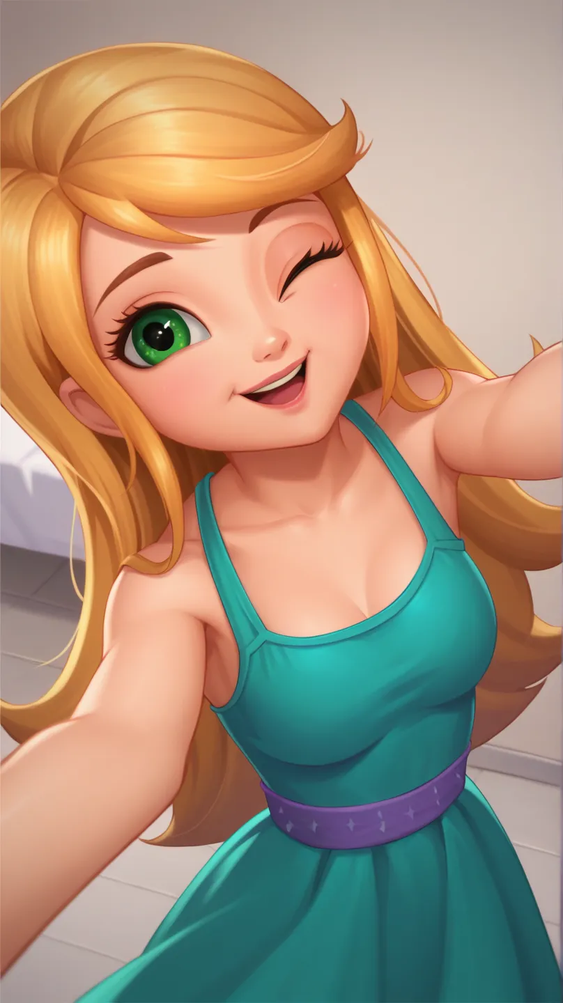 score_9, score_8, score_7, BREAK, solo, female . leah_sas, blonde hair, long hair, green eyes, teal dress, teal dress, cute, one eye closed, selfie,sexy