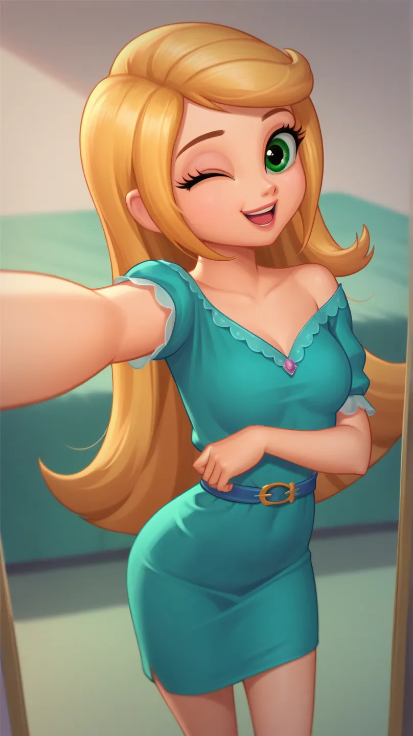 score_9, score_8, score_7, BREAK, solo, female . leah_sas, blonde hair, long hair, green eyes, teal dress, teal dress, cute, one eye closed, selfie,sexy