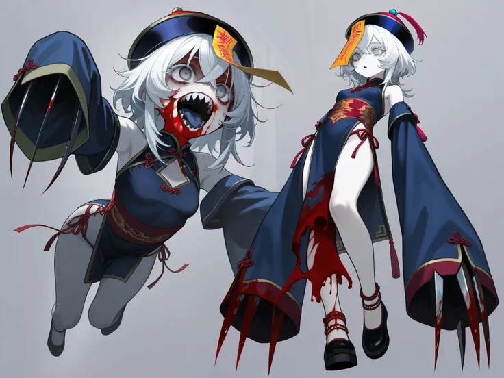 Chinese clothes, detatched sleeves, bare shoulders, hat, jiangshi, long sleeves, claws, claw(weapon), sleeves past fingers, very long sleeves, ofuda, qingdai guanmao, {medium hair}, white hair, crossed bangs, pale skin, dark blue tongue, white eyelashes, g...