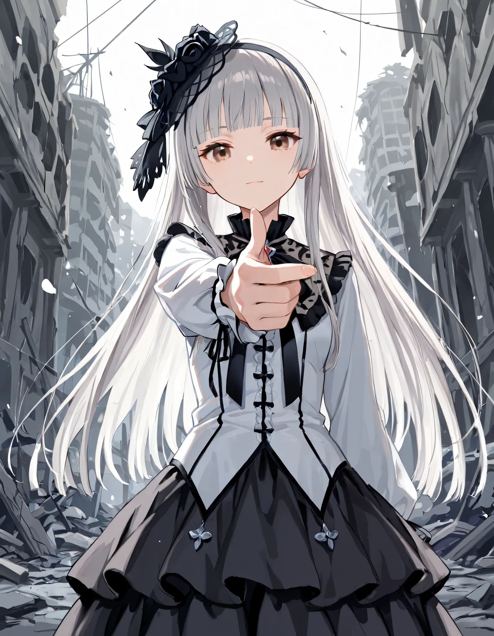 (8K, best quality, master piece: 1.2),super high resolution,1 girl,solo,16yo,ultra-detailed face,detailed eyes,brown eyes,blunt bangs,silver hair,Straight hair,Long hair,white long sleeves petal collar blouse,black tiered skirt,(black Fascinator),finger gu...