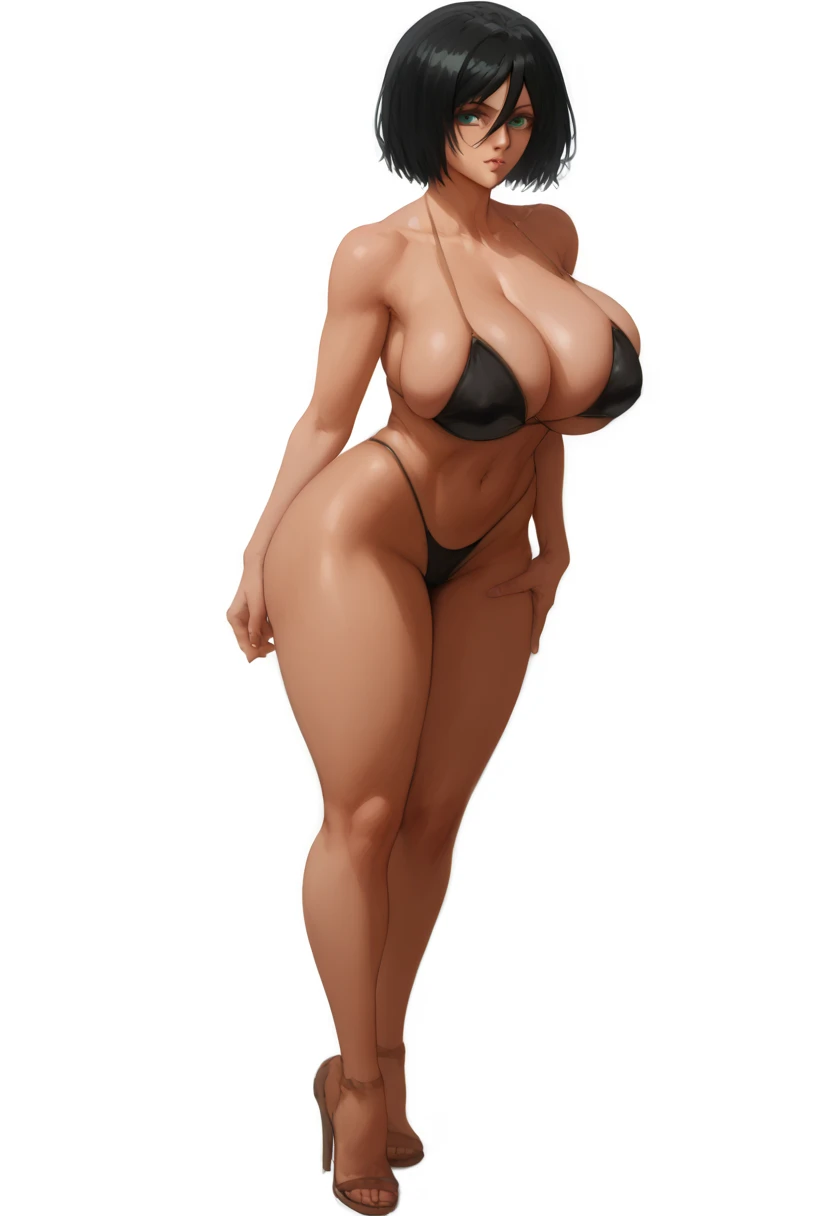 1girl, solo, short hair ,black hair, bobcut green eyes,
breasts, huge breasts, enormous breasts, bursting breasts, cleavage, ((full body)), standing, wide hips. bikini, black bikini, curvy, thights, 

bokeh, best quality ,high resolution, distinct image, o...