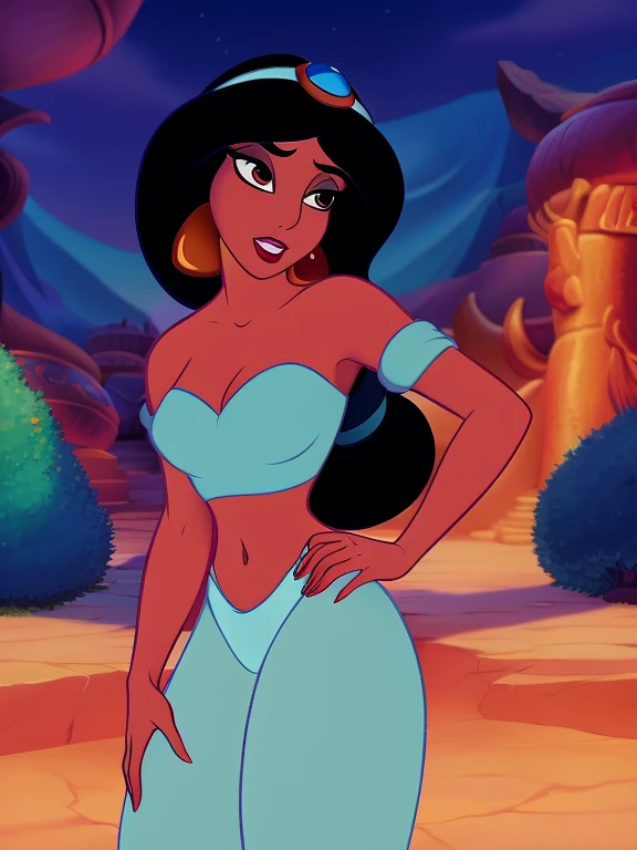 (masterpiece, best quality:1.2), 1girl, Princess Jasmine (Aladdin), long black hair, brown eyes, dark skin, jewelry, earrings, eyeshadow, makeup, blue bedlah crop top, blue salwar pants, exposed shoulders,
