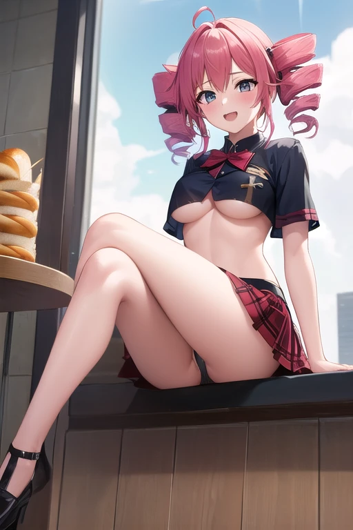 ((best quality)), ((masterpiece)), (detailed),1 girl。 kasane teto。 twin drill。uniform。 miniskirt。panties。Happy。Underboob。holding french bread。Bakery。pussy juice spills。 sit and cross your legs 。