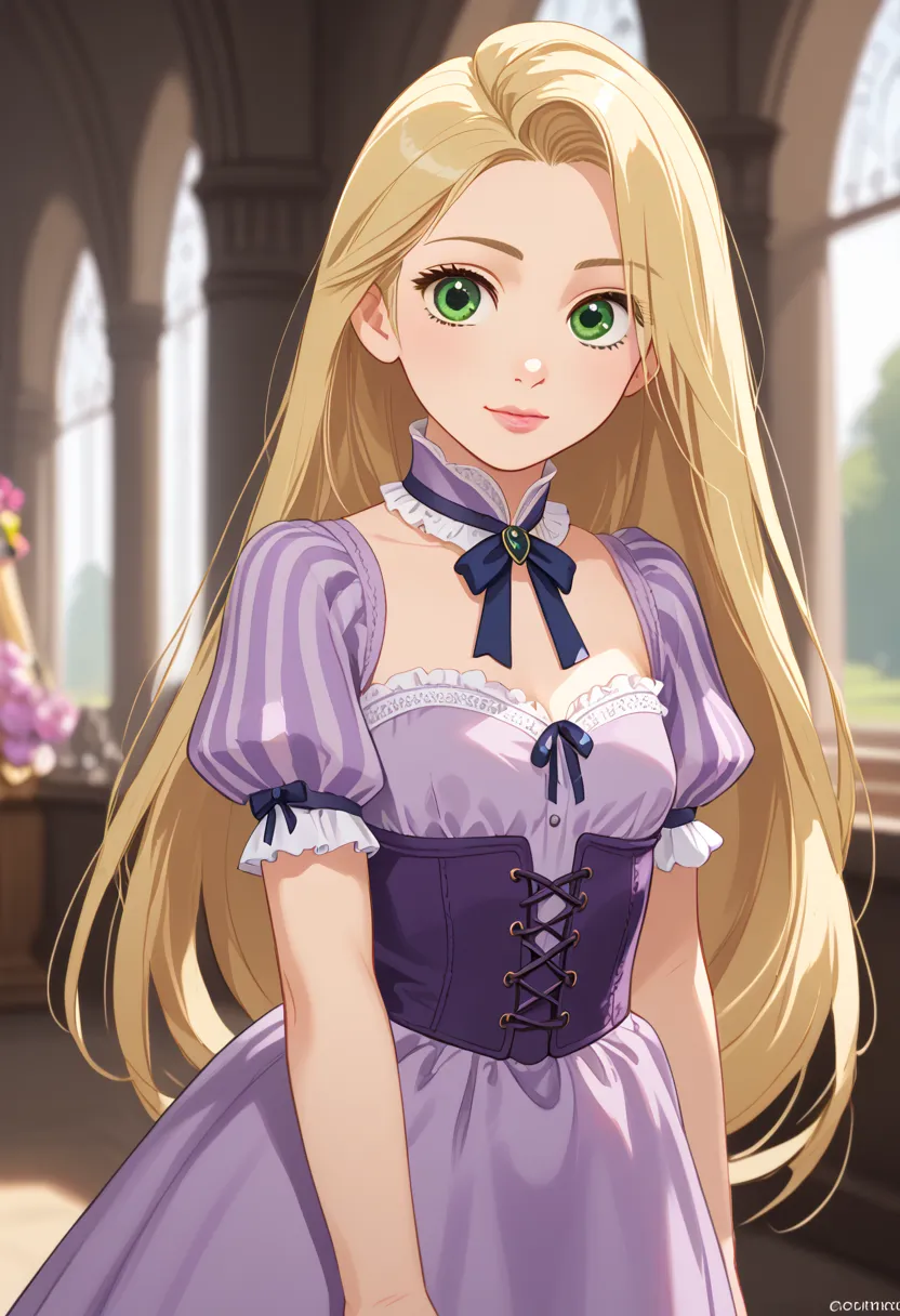 score_9, score_8_up, score_7_up, Western Comics, Portrait, Rapunzel, cute, seductive, innocent, light smile:0.3, plump lips, slender body, long blonde hair, green eyes, cinematic light, purple dress, happy, medieval castle background, depth of field, dynam...