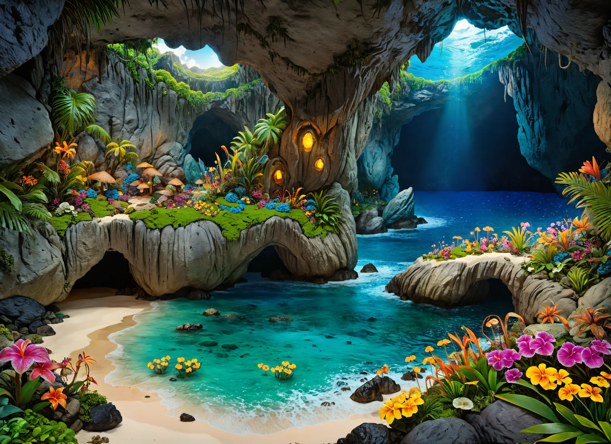  film installation , Great magical landscape painting, high fantasy,  an imaginary landscape , shore, circumference, tropical island, spring, flowers, Rocks,glowing entrance to the cave , epic fantasy art,  Perfect , (لوحة فنية amazingة:1.2), (An epic inst...