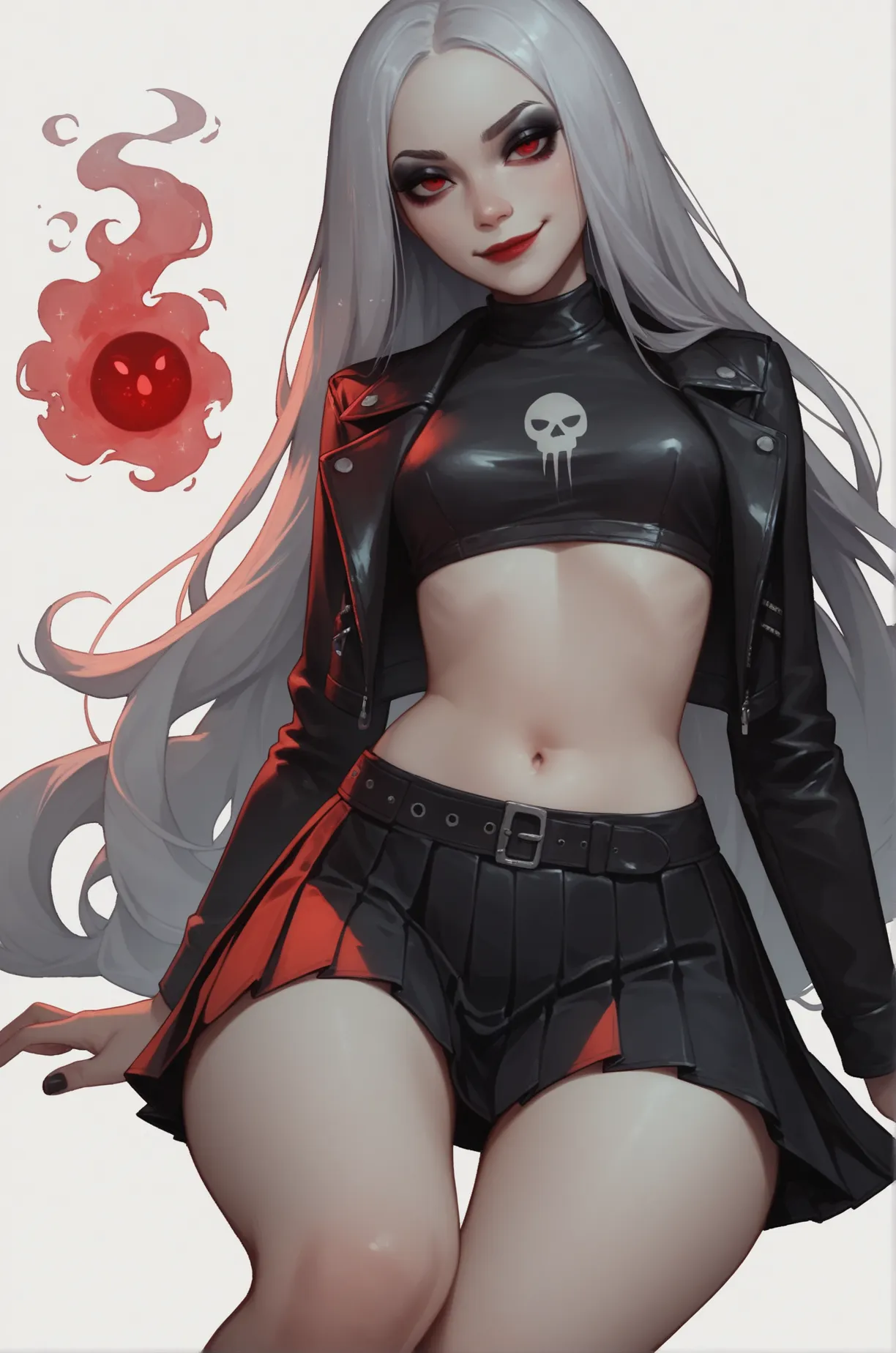 score_9, score_8_up, score_7_up, 1girl, pale skin, goth girl, seductive look, eyeliner, eyeshadow, red eyes, red lips, closed mouth, smirk, silver hair, long hair, straight hair, crop leather jacket, crop top, pleated skirt, black skirt, wide hips, thighs,...