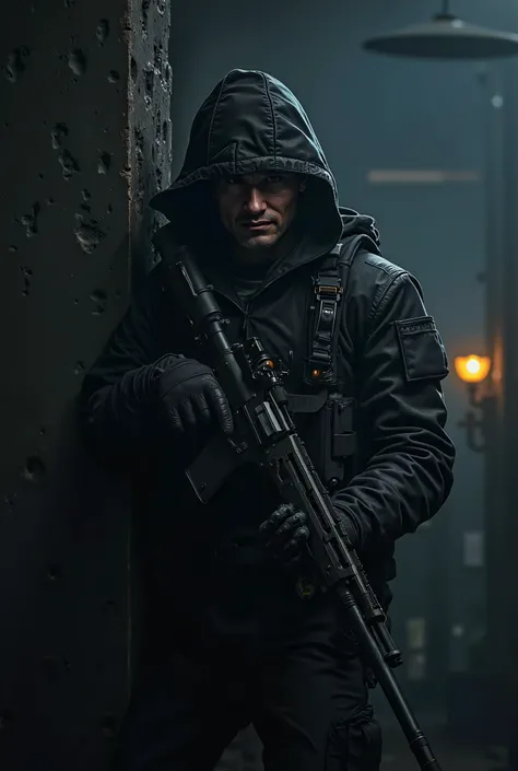 I want to create an image 
Title: mysterious and lethal sniper

Description:
A sniper dressed in dark tactical equipment, partially hidden in the shadows. His posture is tilted and dynamic, as if he were in full action, with professional and stealthy stabi...