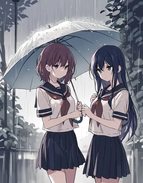 two girls in school uniform holding umbrellas in the rain, extremely detailed eyes and face, soft natural lighting, muted color palette, romantic atmosphere, best quality, 8k, highres, masterpiece, ultra-detailed, cinematic composition, rain, intimate port...