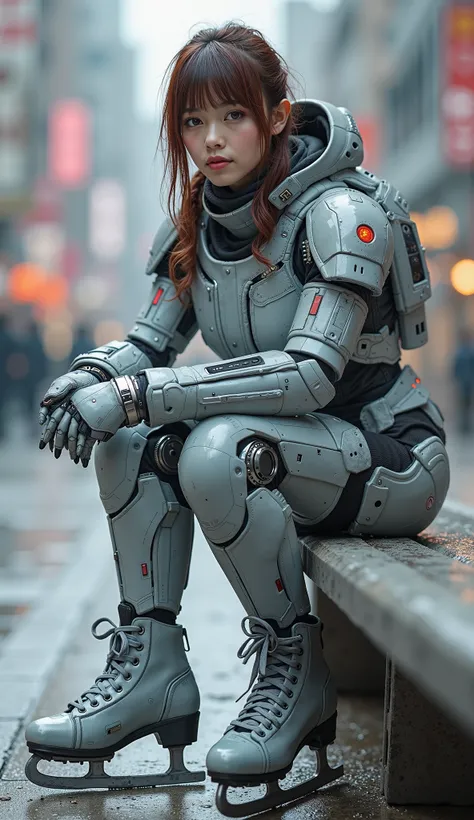 photo-realistic, ultra-realistic, very beautiful Japanese futuristic soldier, famous Japanese idol, dramatic scene, masterpiece, beautiful eyes, dark auburn hair, wearing gray high heel ice skates , sitting on a bench on the street , (cyber punk glossy int...