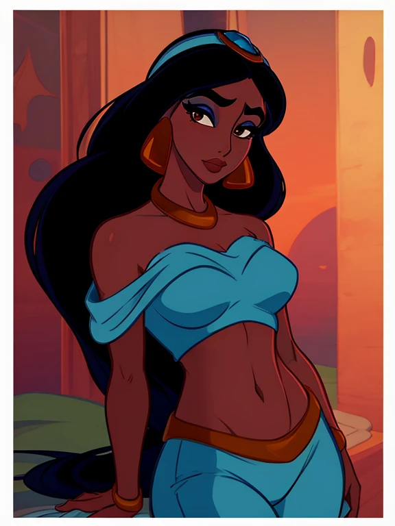 (masterpiece, best quality:1.2), 1girl, Princess Jasmine (Aladdin), long black hair, brown eyes, dark skin, jewelry, earrings, eyeshadow, makeup, blue bedlah crop top, blue salwar pants, exposed shoulders,
