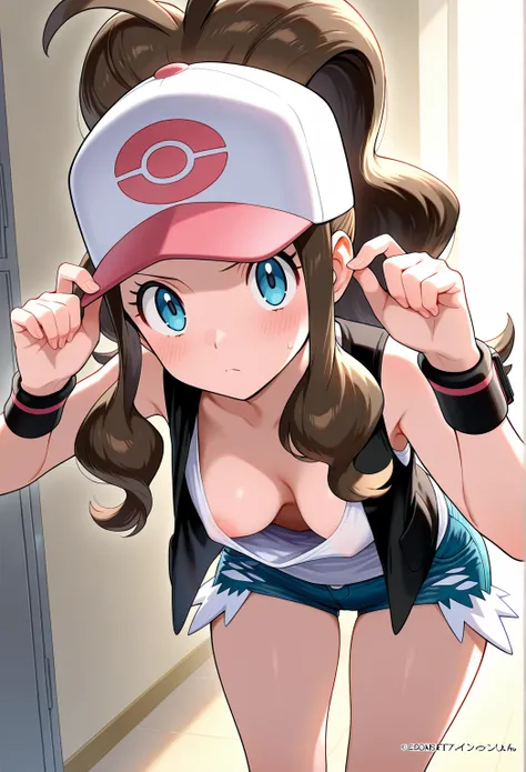 high resolution picture, masterpiece, best quality, amazing quality, official art, solo, 1girl,  Hilda from pokemon, 1girl,  pokemonhilda, blue eyes, brown hair, long hair, ponytail, baseball cap, blue shorts, denim, hat, shorts, vest, wristband, sleeveles...