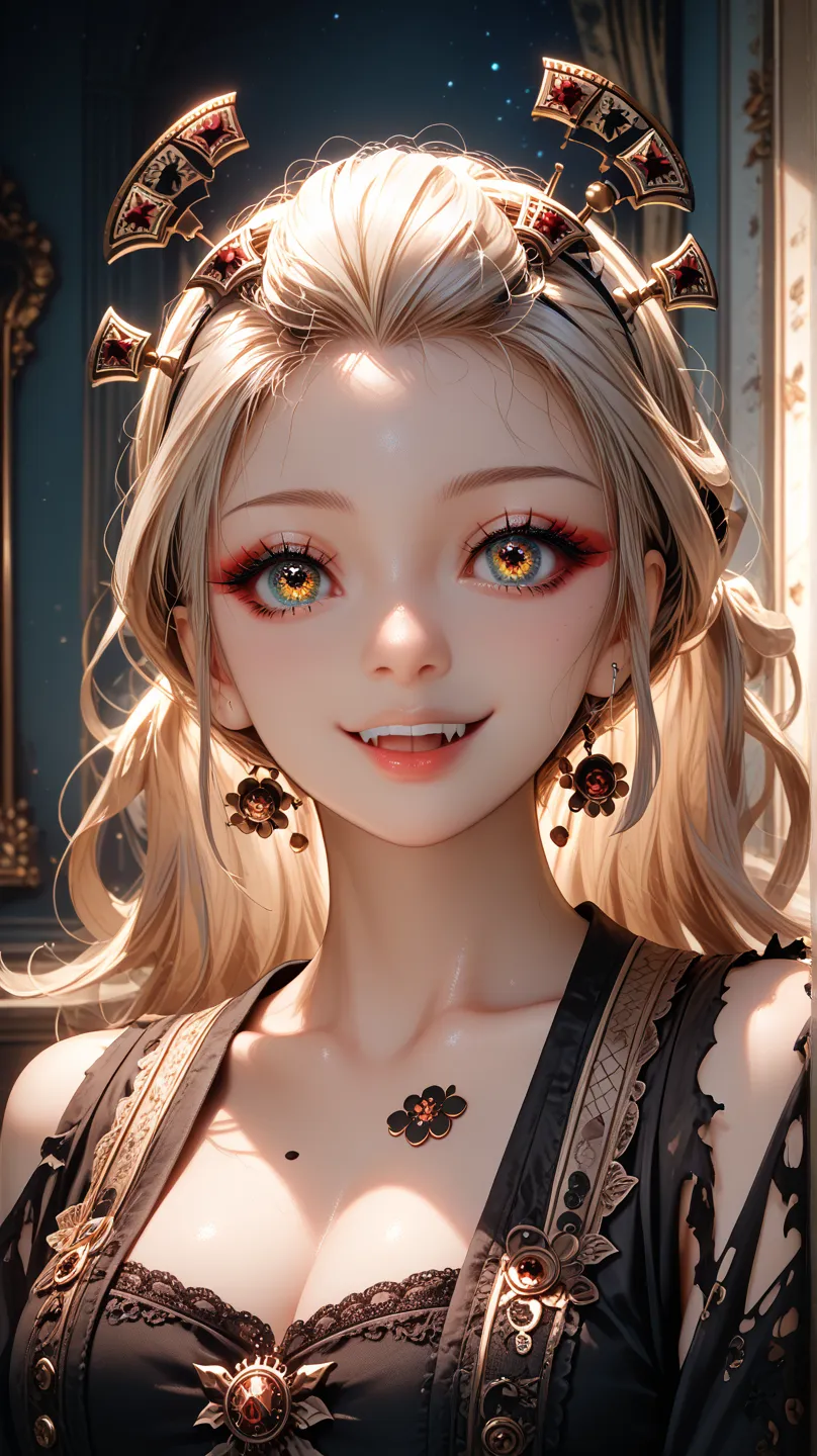 Captured in a medium shot, this succubus radiates a dark, seductive beauty. Her delicate face is marked by subtle, elegantly shaped horns and an enigmatic smile that hints at forbidden secrets. One of her eyes captivates with an iris that mirrors a starry ...