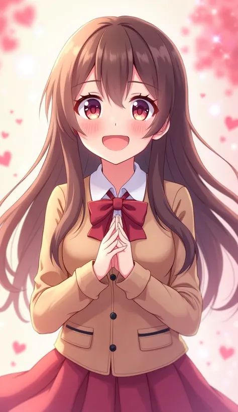 A heartwarming anime-style illustration of a cheerful high school girl with bright, expressive eyes and a warm, encouraging smile. She wears a stylish school uniform with a ribbon, and her long, flowing hair is gently swaying in the breeze. She holds her h...