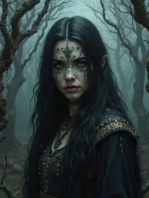 Pagan witch, beautiful face, very long black hair, tribal face paint, Norse paganism, dark magic, foggy, nighttime, twisted forest background, high detail, masterpiece.