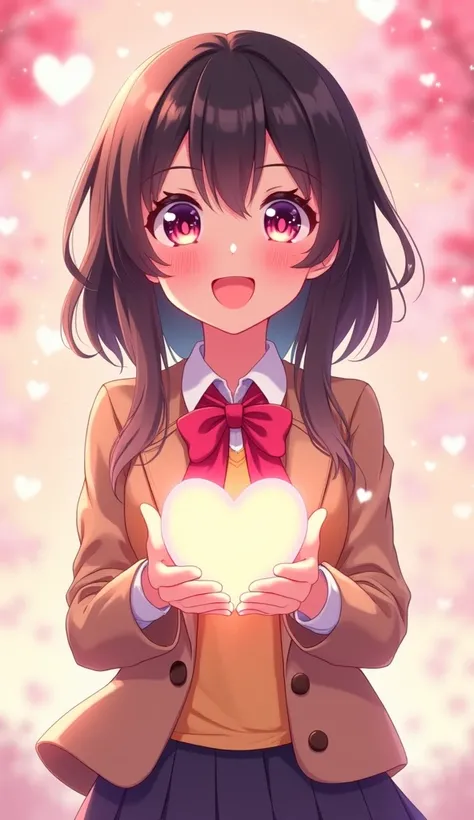 A vibrant and heartwarming anime-style illustration of a cheerful high school girl with bright, sparkling eyes and a warm, encouraging smile. She wears a stylish school uniform with a cute ribbon, symbolizing youthful energy and romance. Her hands are gent...