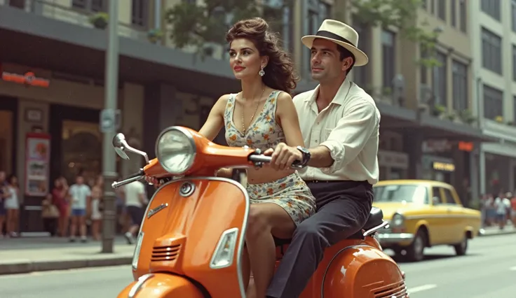 Roman Holiday audrey hepburn and gregory peck riding down Singapore's orchard road in a vespa outside of takashimaya singapore. colourised in a realistic style