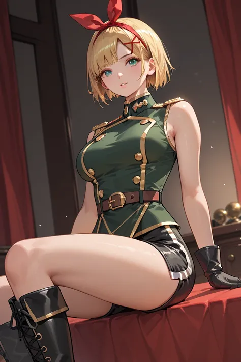 BEST QUALITY, ULTRA DETAILED, PERFECT ANATOMY, HIGH DEFINITION, INTRICATE DETAILS, ALONE, 1girl, slim, medium-large breasts, short hair, blonde hair, green eyes. Outfit: black military tunic with red details and gold buttons, sleeveless, black gloves, a br...