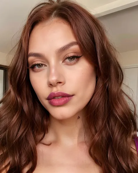 24 years old, slim and curvy body. Light brown skin (wavy red hair), light brown eyes, full lips with purple lipstick, clear expression lines. 3x4 photo. Makeup. Seductive look.