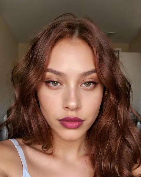 24 years old, slim and curvy body. Light brown skin (wavy red hair), light brown eyes, full lips with purple lipstick, clear expression lines. 3x4 photo. Makeup. Seductive look.