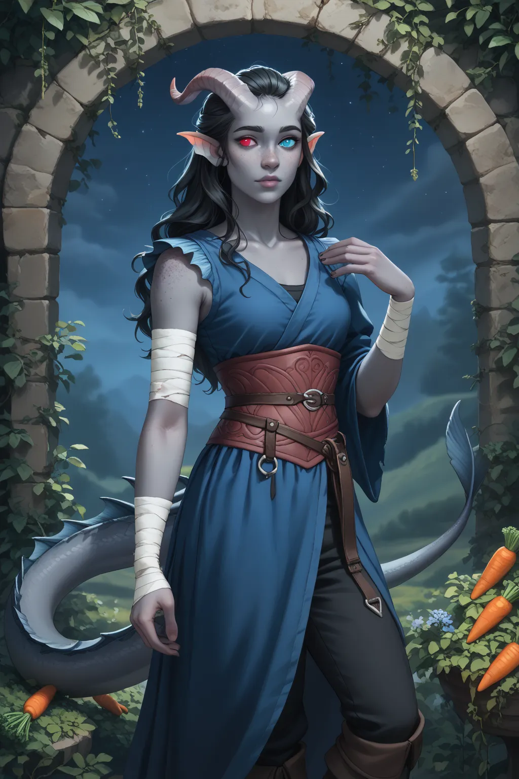 (Cedar tree is tall next to it), (1 adult Tiefling girl,  dark blue-gray skin :1.7), (35 years old:1.5), (One:1.3), (a curl of medium-length black straight hair covers the right eye:1.4), (collects herbs and carrots in the garden:1.4), (against the backgro...