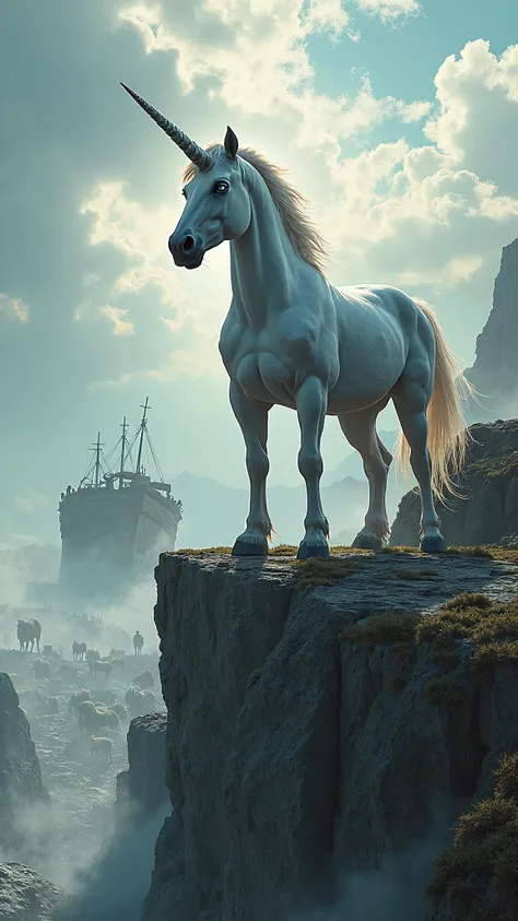 **1. Majestic Unicorn Standing Proudly**  
`A powerful unicorn with a gleaming silver horn, muscular build, and stormy blue eyes, standing arrogantly on a cliff. Lions, zebras, and birds enter Noah's Ark in the background. Bright sky, cinematic lighting, 9...