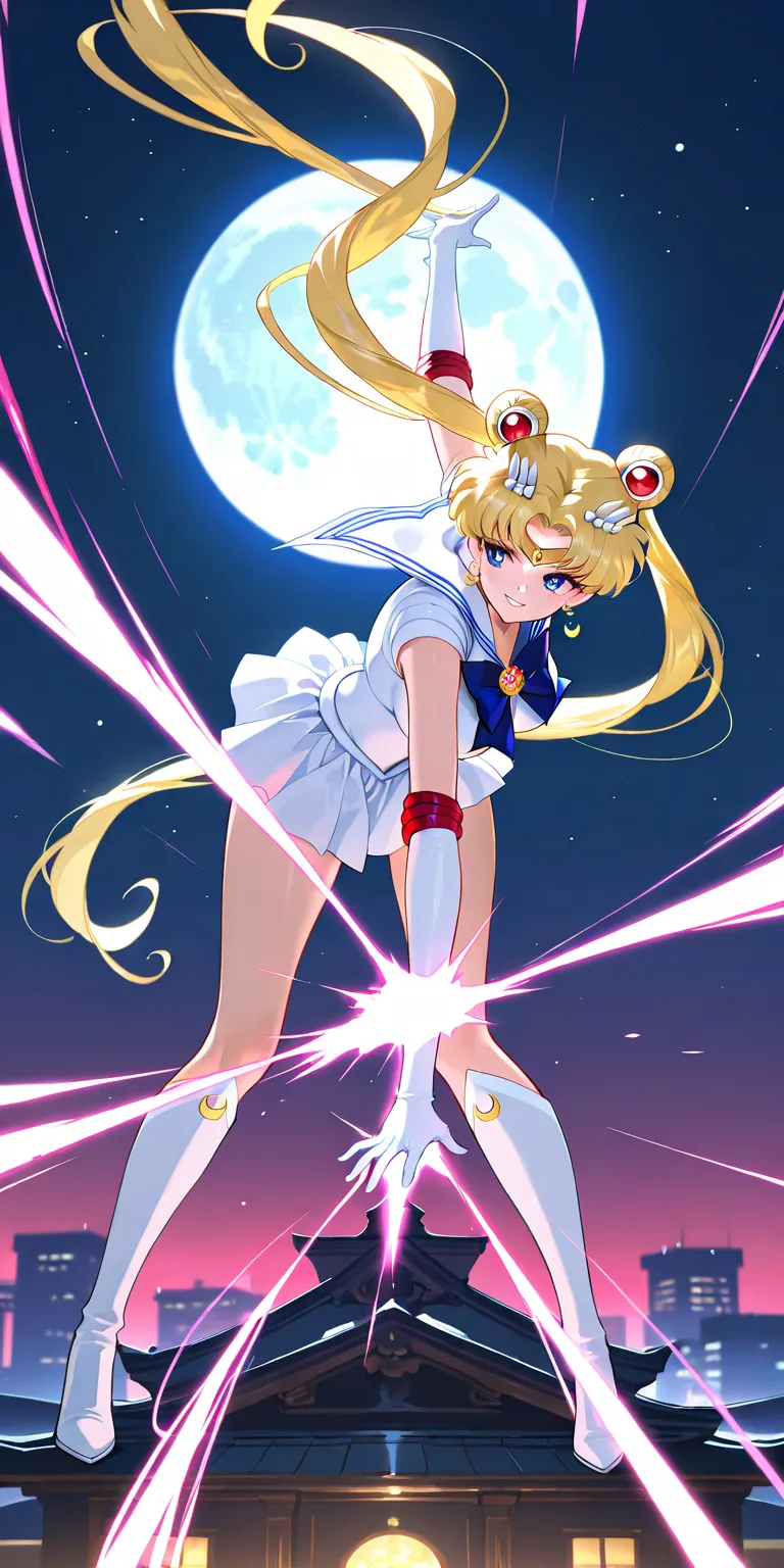 Masterpiece, elegant mature woman, sailor moon\(sailor moon\), tall body, big breast, white sailor senshi uniform (white shirt, white gauntlets, white skirt, white high boots), full body, parted lips, smile, night on top the building (full moon background)...