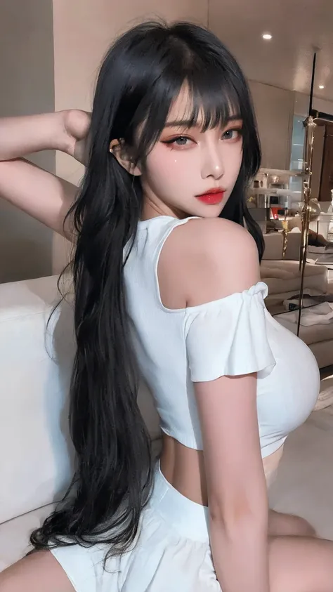 1woman, solo, korean, hottie, long black hair, black eyes, white t-shirt, red skirt, white stocking, make up, eyeliner, looking at viewer, lips, (blunt bangs), blush, sitting, upper body, large breats, (big tits), dinamic poses, sexiest, perfect body, perf...