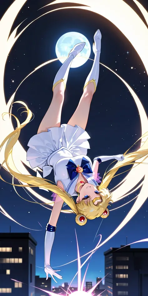 Masterpiece, elegant mature woman, sailor moon\(sailor moon\), tall body, big breast, white sailor senshi uniform (white shirt, white gauntlets, white skirt, white high boots), full body, parted lips, smile, night on top of the building (full moon backgrou...