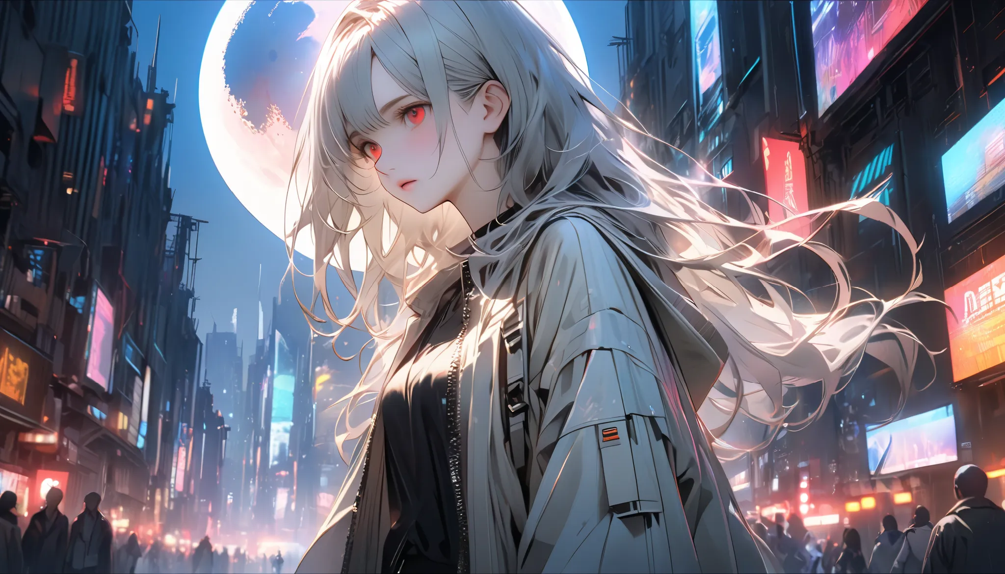 A young woman in a miniskirt and long shirt stands alone, holding the cold air with a pensive expression, feeling both anxiety and strength. An atmosphere of quiet reflection and hope hangs over her. There is a look of determination on her face. Cyberpunk....