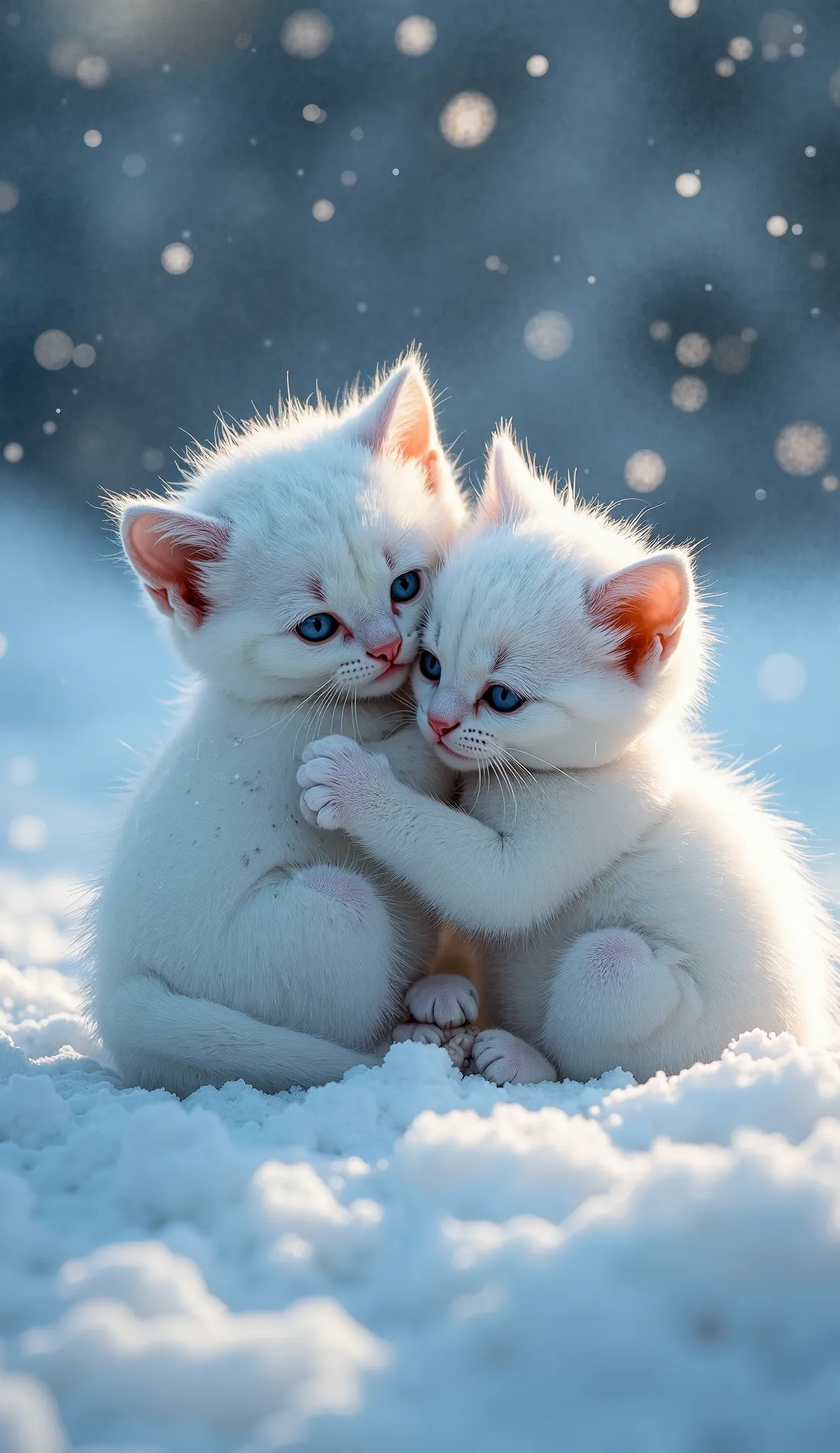 A dramatic fantasy illustration of white kittens huddling together in a raging snowstorm, one kitten desperately supporting the one in front, the other shivering but still keeping each other warm, the snow and wind blocking their view, yet the eyes filled ...