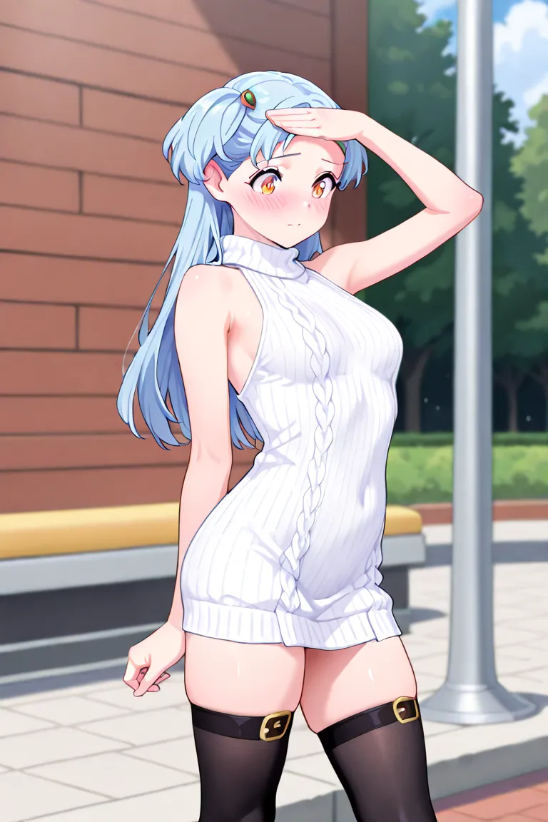 BEST QUALITY, ULTRA DETAILED, PERFECT ANATOMY, HIGH DEFINITION, INTRIGUING DETAILS, ALONE, 1 girl, long hair, blue hair, a fringe covering her forehead, orange eyes. Sexy outfit, white sleeveless sweater dress, bare shoulders, over-the-knee socks, black st...