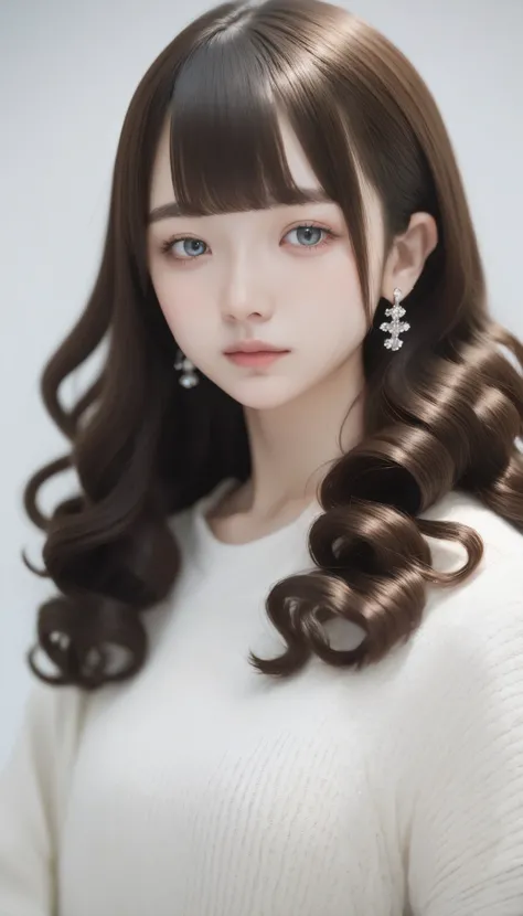  masterpiece, TOP QUALITY, Pixiv,  cool girl ,  more piercings to improve, earrings,  dark brown hair,  curly hair,   Blunt Bang,  straight bangs ,  gray eyes, pale skin,  gal,  that improves white space 