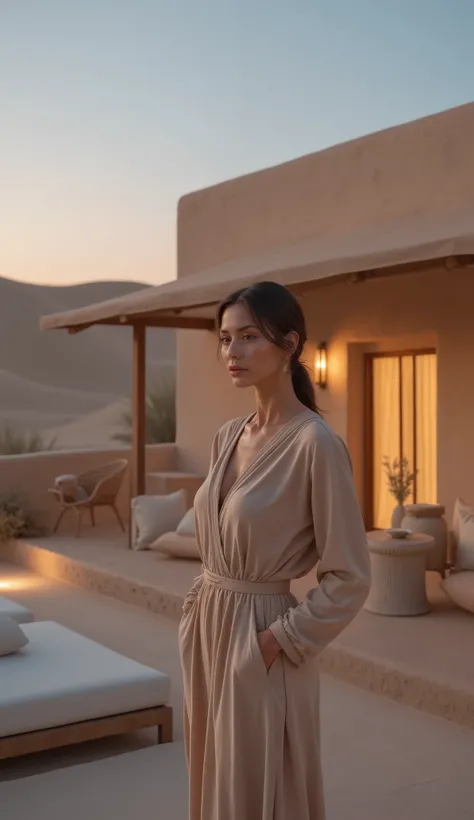 (masterpiece, ultra-detailed, cinematic, high-luxury desert oasis, high resolution,
((A confidently elegant female travel influencer, wearing a long-sleeved, ankle-length desert-appropriate dress in a modest cut, no revealing neckline, maybe a thin belt ac...