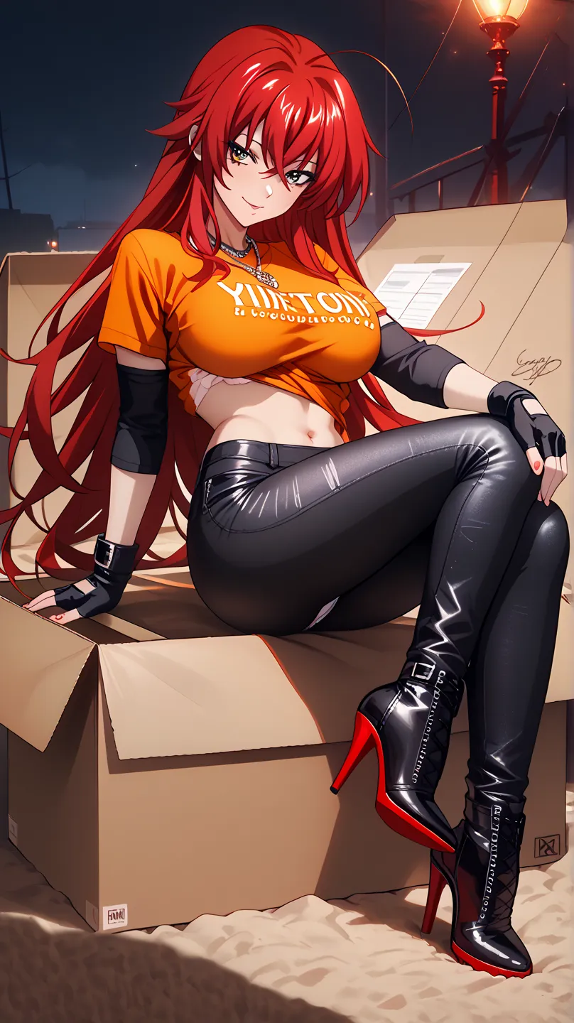   Sexy rias gremory, UHD, wearing an orange t-shirt short around the abdomen, black individual sleeves,  black leather pants , high heel shoes, fingerless gloves, necklace, red hair,  long hair, large breasts, voluptuous, In a reddish wasteland, pose sexy,...