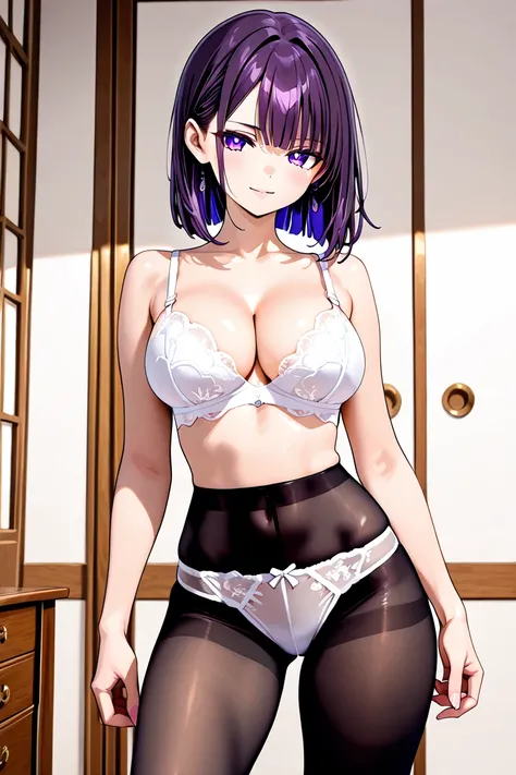 BEST QUALITY, ULTRA DETAILED, PERFECT ANATOMY, HIGH DEFINITION, INTRIGUING DETAILS, ALONE, 1 beautiful girl, slender, medium-large breasts, straight medium hair, hair ends above the waist, bangs, dark purple hair, violet eyes. Outfit: white panties, sheer ...