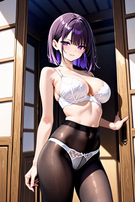 BEST QUALITY, ULTRA DETAILED, PERFECT ANATOMY, HIGH DEFINITION, INTRIGUING DETAILS, ALONE, 1 beautiful girl, slender, medium-large breasts, straight medium hair, hair ends above the waist, bangs, dark purple hair, violet eyes. Outfit: white panties, sheer ...