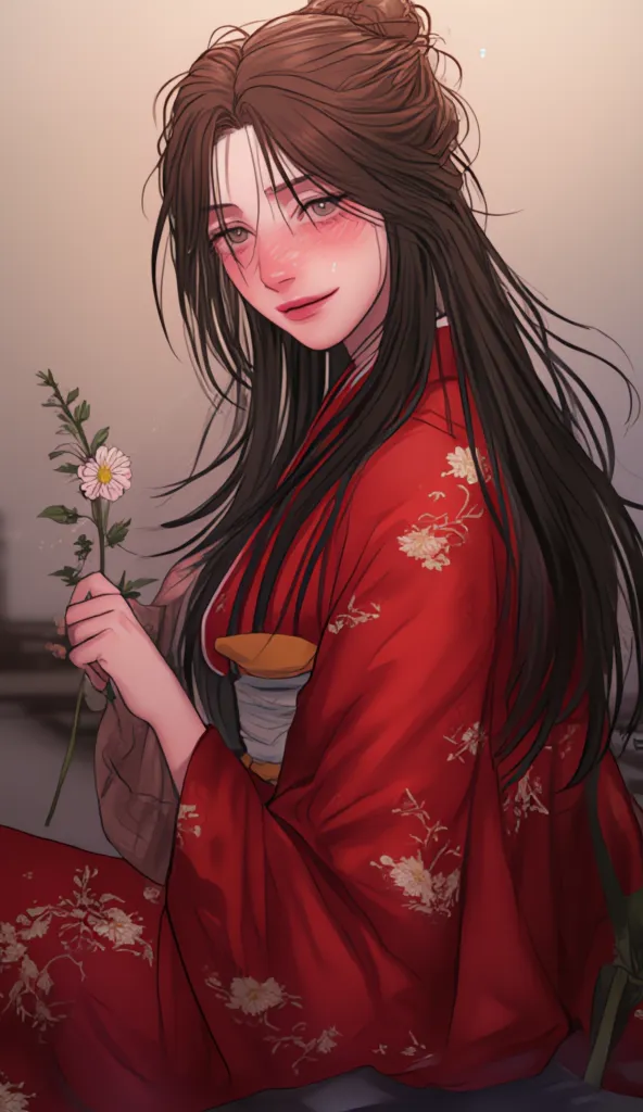 A girl with long black hair with gray eyes, wearing a beautiful red kimono with a dull look and also a flower in her hand 