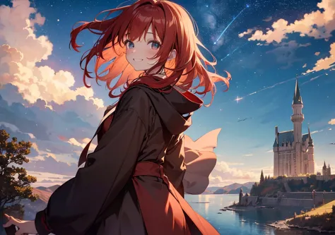 A girl with red hair blowing in the wind is flying on a broom in the vast sky of Hogwarts. Her robe flutters, and in the distance you can see Hogwarts Castle and the lake. The stars sparkle in the night sky, twinkling like magical lights. She is flying fre...