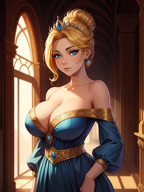 ((Best quality)), ((Masterpiece)), (detailed), perfect face perfect figure, fantasy setting, 26 year old, Scandinavian woman, Princess, Golden hair, bun-like hairstyle, bright blue eyes, pale skin, large breasts, tight blue dress, off shoulder, cleavage, d...