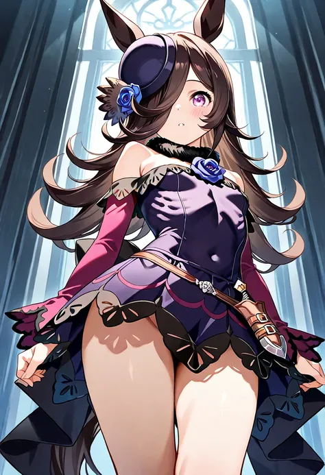 masterpiece、TOP QUALITY、high resolution、rice shower \(Uma Musume\)、Brown black hair、 long hair、 purple eyes、Fluttering bangs、 long bangs、 long hair、 small breasts、 hair covering the right eye 、 small formal hat on right ear、Purple roses in a hat、dark purpl...