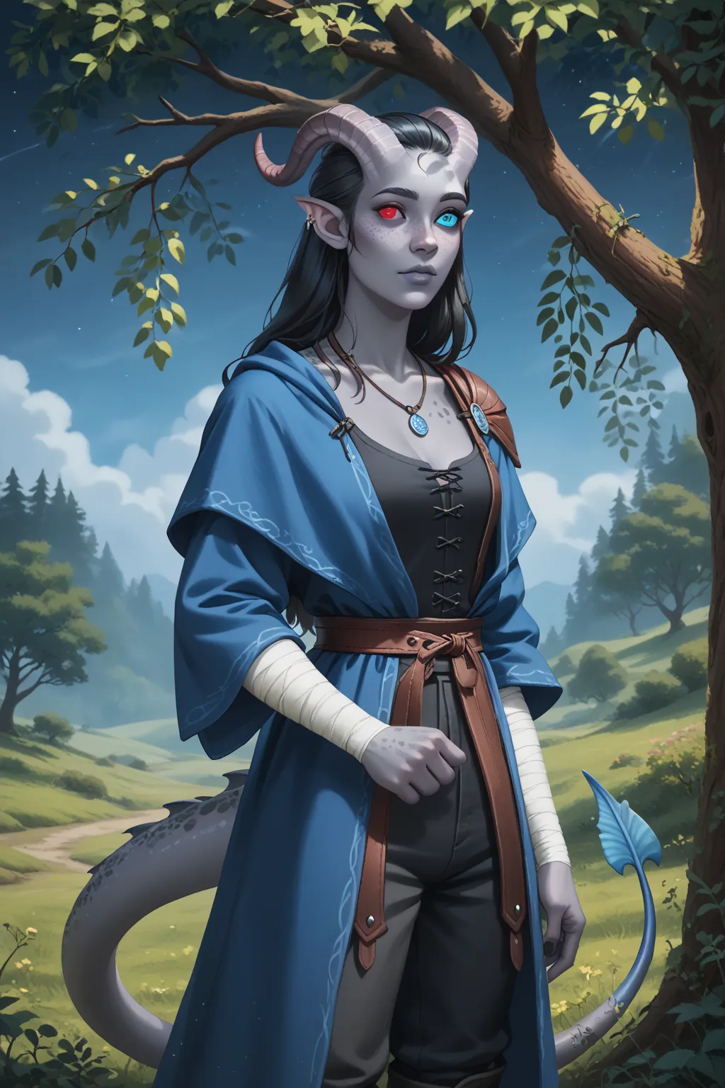 (Cedar tree is tall next to it), (1 adult Tiefling girl,  dark blue-gray skin :1.7), (35 years old:1.5), (One:1.3), (a curl of medium-length black straight hair covers the right eye:1.4), (hides behind a tree with herbs in his hands:1.4), (against the back...