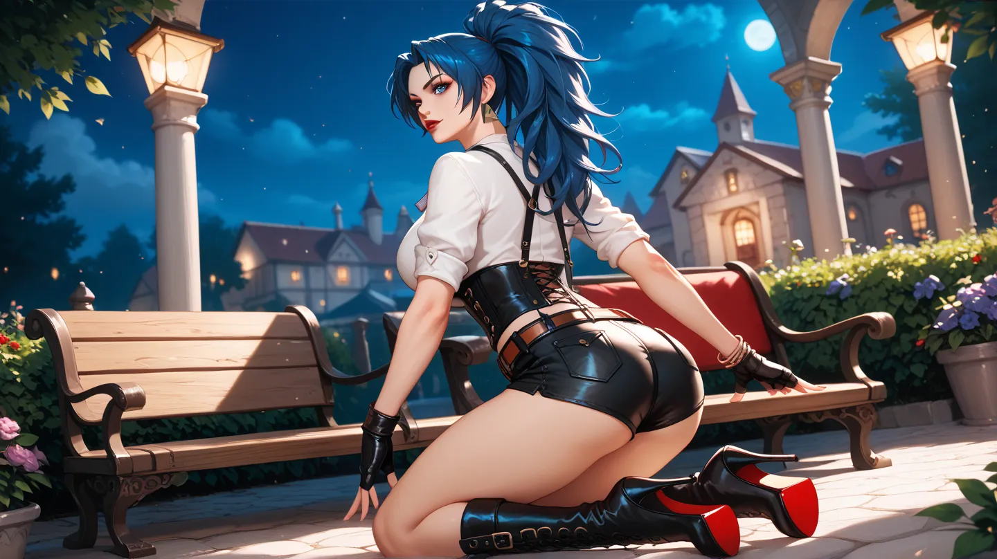 Sexy leona heidern, blue eyes,  long hair,  DARK BLUE HAIR LENSES, red lips,   triangle earrings, dog tags, big breasts, wearing a corset , suspenders,  white shirt,  tight black shorts, belt with chains, fingerless gloves, bracelets,  Thigh-length boots ,...