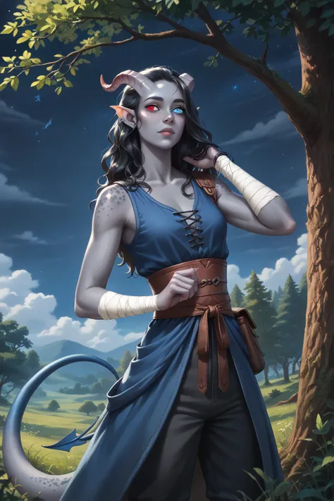 (Cedar tree is tall next to it), (1 adult Tiefling girl,  dark blue-gray skin :1.7), (35 years old:1.5), (One:1.3), (a curl of medium-length black straight hair covers the right eye:1.4), (hides behind a tree :1.4), (looks out from the tree:1.3), (against ...