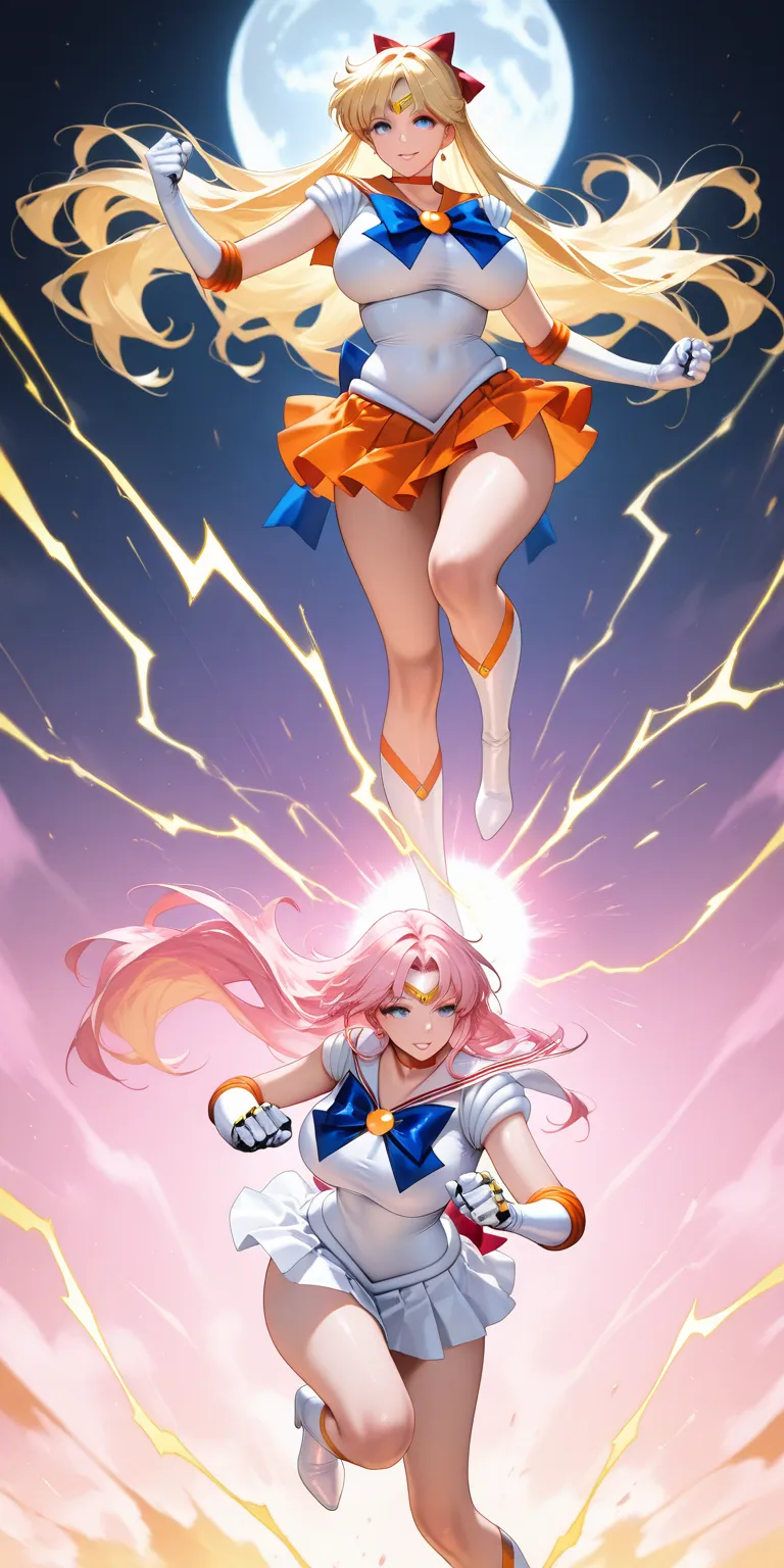 Masterpiece, newest, vibrant, mature woman, sailor venus, tall, big breast, white sailor senshi uniform (white uniform shirt, white uniform gauntlets, white uniform skirt, white uniform high boots, pink color in inner layer skirt), full body, parted lips, ...