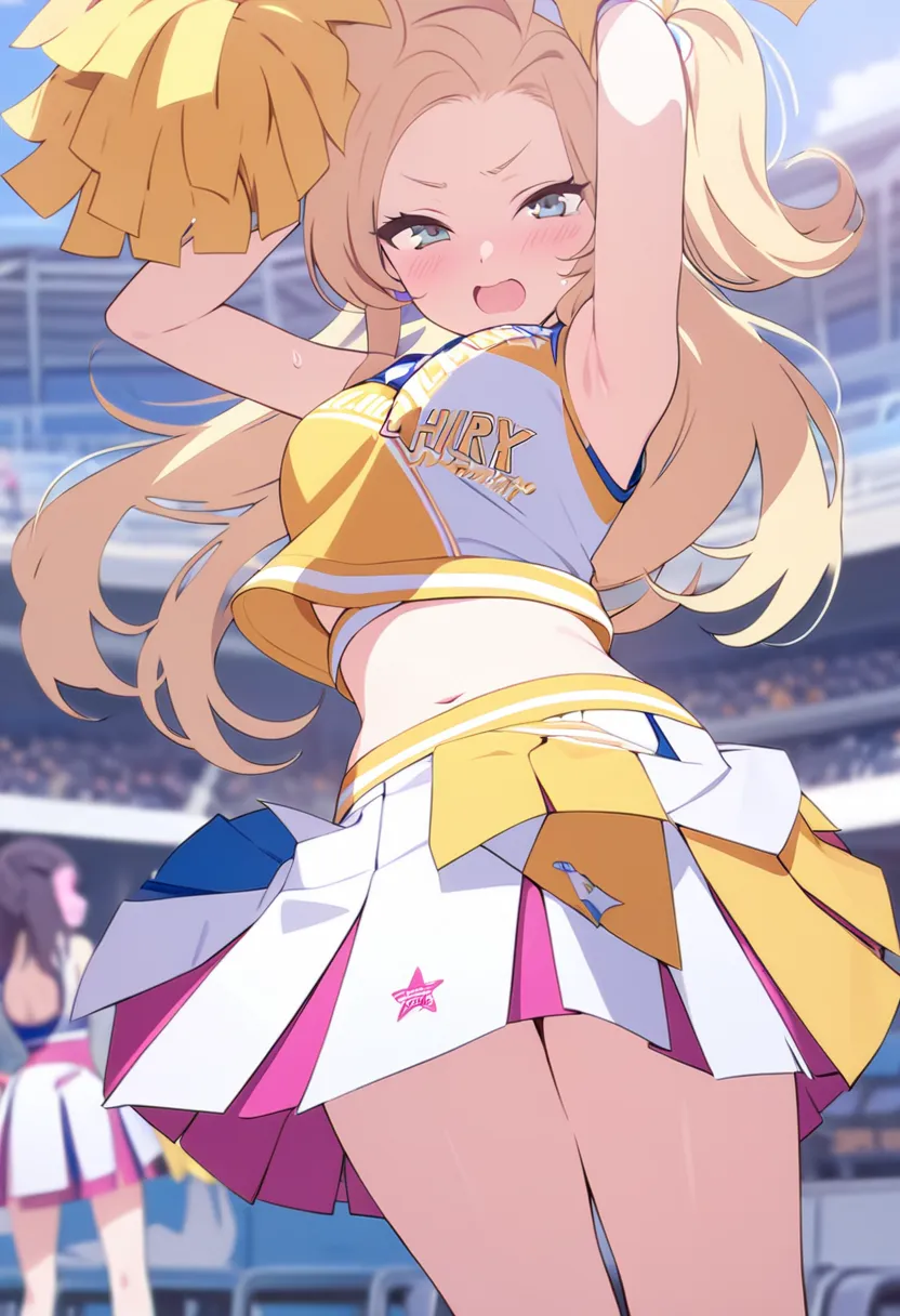 (masterpiece, best quality), 1girl, solo, kawaii, cheerleader, blonde hair, lifted skirt by windy