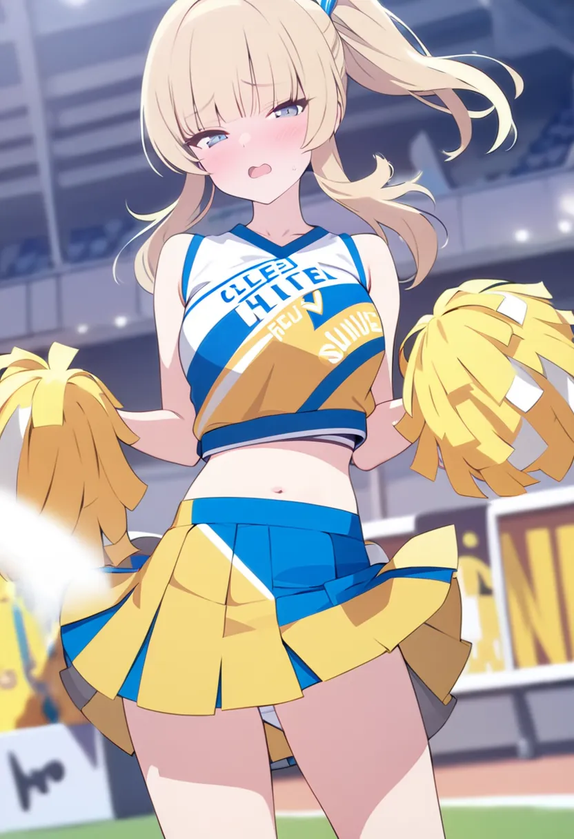 (masterpiece, best quality), 1girl, solo, kawaii, cheerleader, blonde hair, lifted skirt by windy