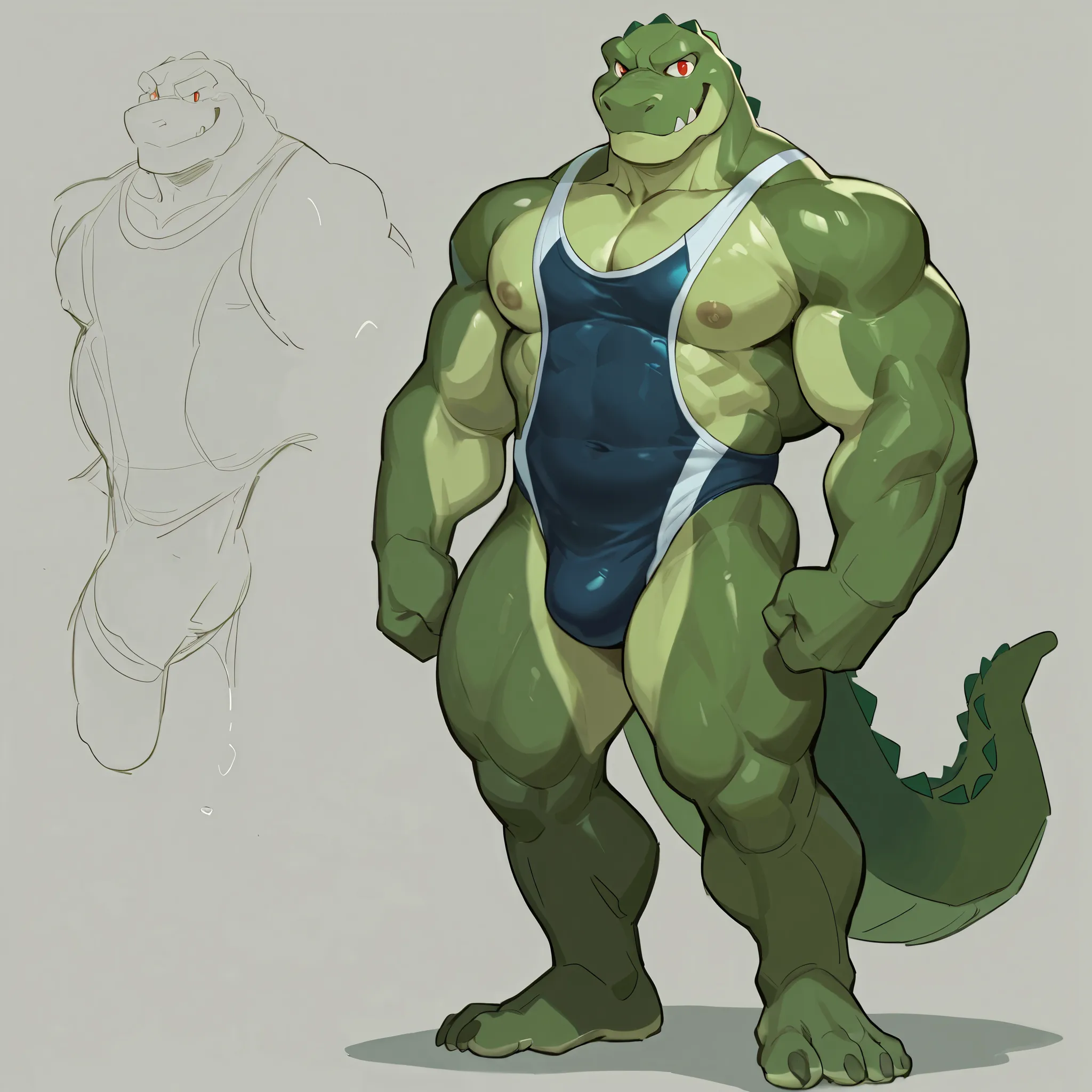 Green alligator#  in red eyes # furry# (man#)  from head to toe # Glossy Body # wearing a swimsuit# smile# ยืนอยู่ที่manหาด# ( standing#)